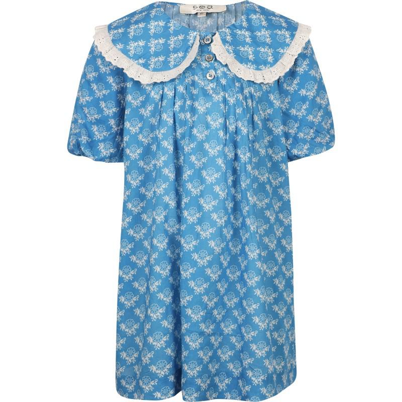 Ruffled collar floral dress in blue商品第1张图片规格展示