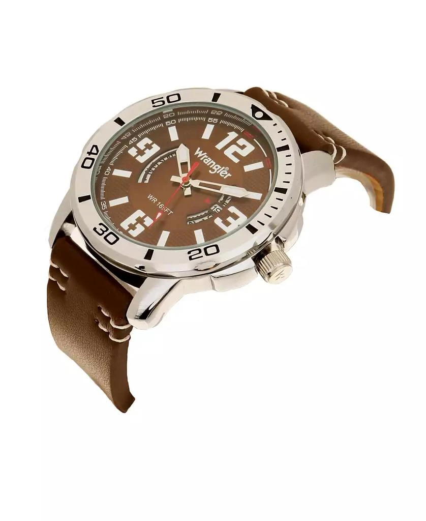 商品Wrangler|Men's Watch, 48MM Silver Colored Case with Black Printed Arabic Numerals on Outer Steel Bezel, Brown Dial with Dual Crescent Windows, Date Window , Brown Strap with White Accent Stitch Analog,价格¥425,第2张图片详细描述