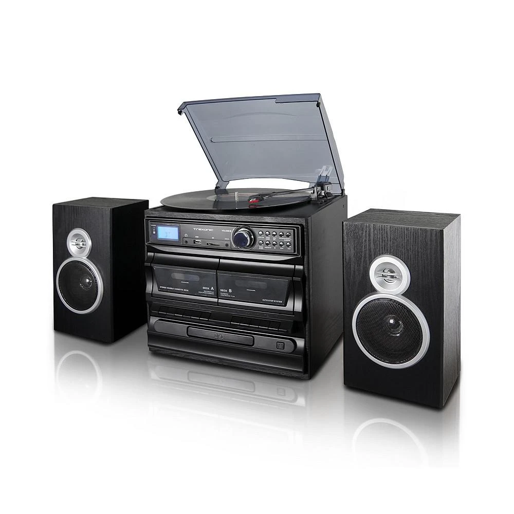 商品Trexonic|3-Speed Vinyl Turntable Home Stereo System with CD Player, Dual Cassette Player, Bluetooth, FM Radio & USB/SD Recording and Wired Shelf Speakers,价格¥1119,第1张图片