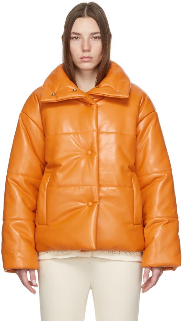 Orange Hide Puffer Vegan Leather Jacket商品第1张图片规格展示