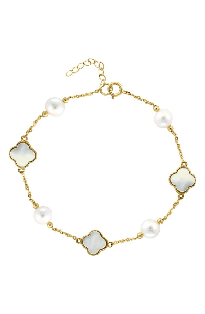 商品Effy|14K Yellow Gold Clover Mother of Pearl & Freshwater Pearl Bracelet,价格¥4283,第1张图片