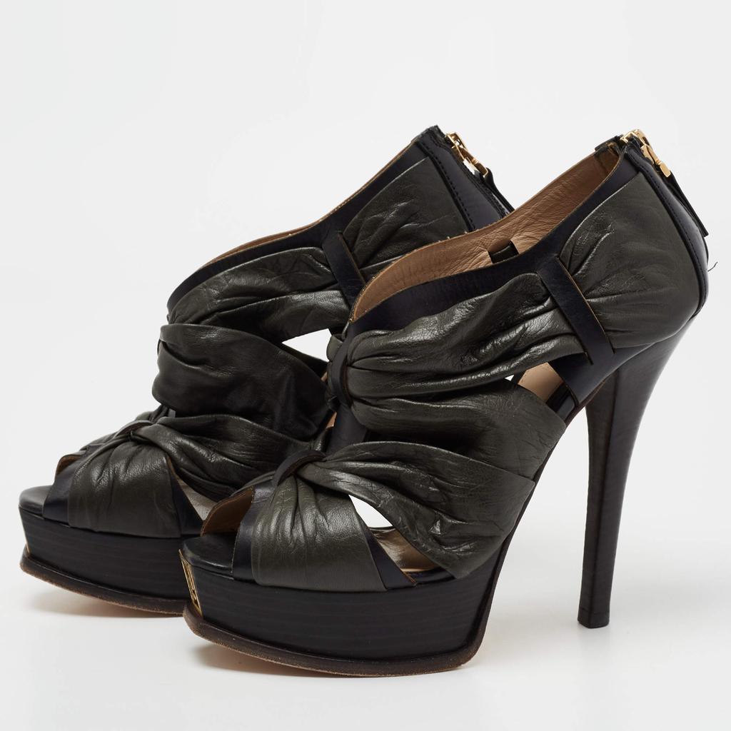 Fendi Black Pleated Leather Peep Toe Ankle Booties Size 38商品第2张图片规格展示