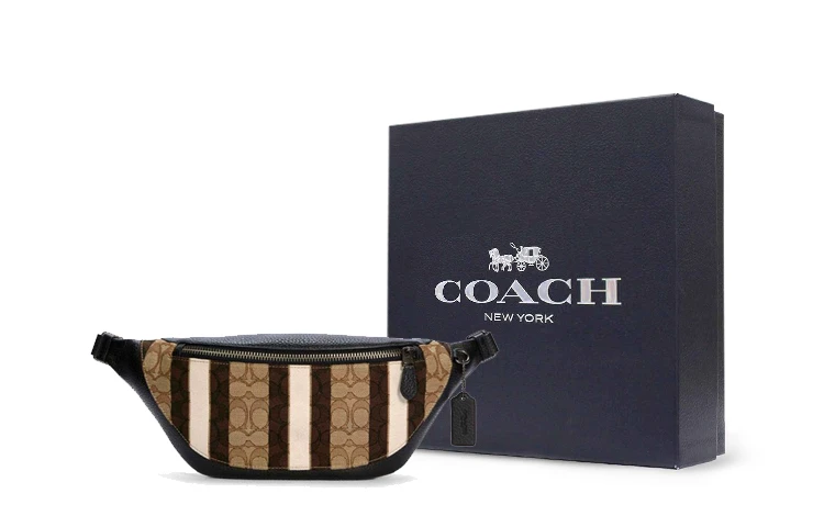 商品[国内直发] Coach|蔻驰 Warren 33 经典老花 帆布牛皮 斜挎胸包腰包 大号 男款 卡其棕黑拼色,价格¥1196,第6张图片详细描述