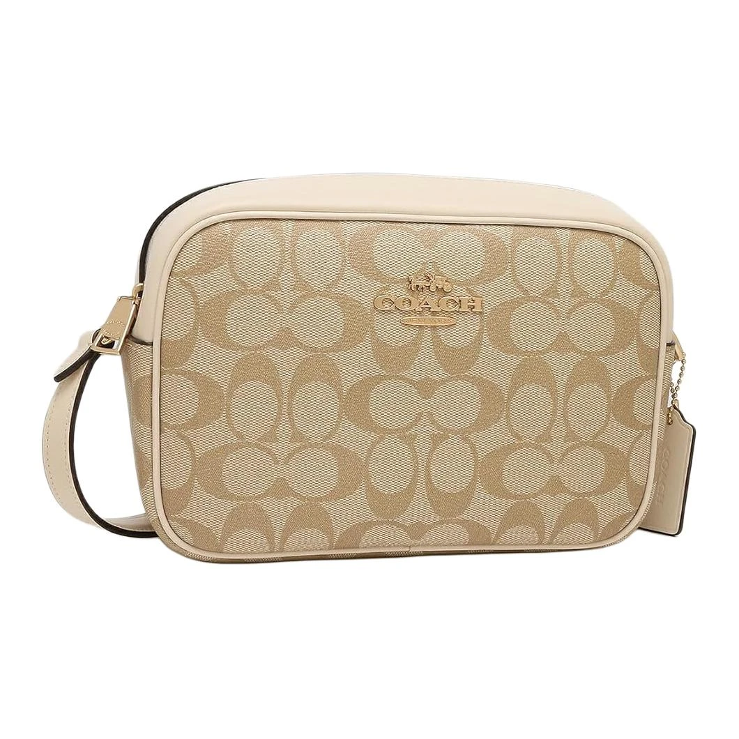 商品[国内直发] Coach|蔻驰 Jamie 22 经典老花金标五金扣拉链 涂层帆布拼光滑皮革 相机包单肩斜挎包 中号 女款 浅卡其色拼粉笔白色,价格¥1451,第4张图片详细描述