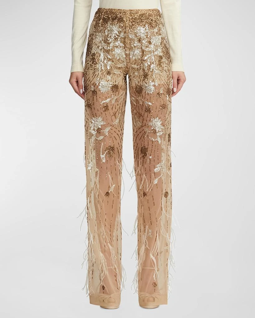 商品Ralph Lauren|High-Rise Feather Embellished Sheer Straight-Leg Pants,价格¥33135,第1张图片