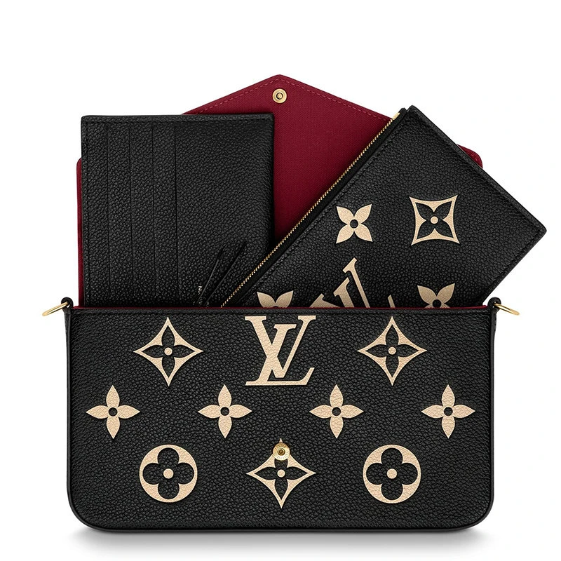 商品Louis Vuitton|【预售3-7天】路易威登22春夏新款FÉLICIE系列女士黑色粒面牛皮革奶白色老花印花金扣金链配可拆卸贴袋翻盖开合单肩斜挎手拿链条信封包M80482,价格¥11994,第6张图片详细描述