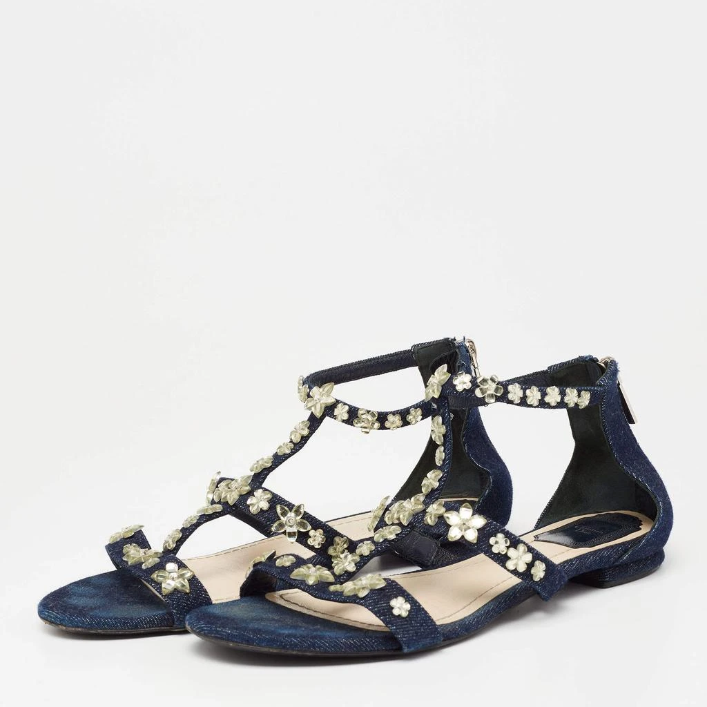 商品[二手商品] Dior|Dior Blue Denim Jewel Embellished Strappy Flat Sandals Size 38.5,价格¥1365,第2张图片详细描述