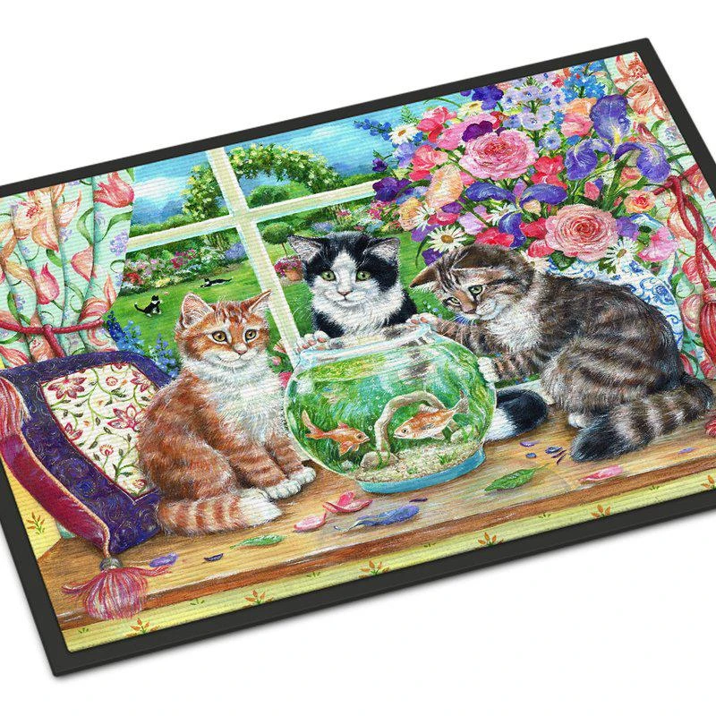 商品Caroline's Treasures|24 in x 36 in Cats Just Looking in the fish bowl Door Mat Indoor/Outdoor,价格¥314,第1张图片