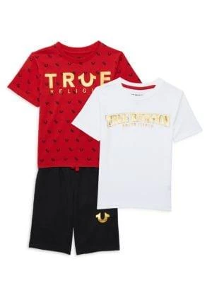 商品True Religion|Little Boy’s 3-Piece Metallic Logo Tees & Shorts Set,价格¥227,第1张图片