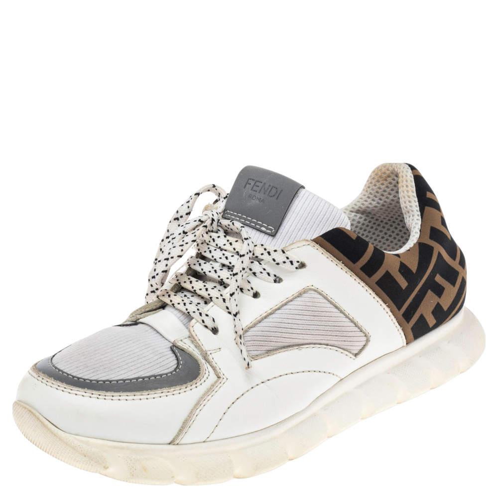 Fendi White/Brown Leather And Fabric Low Top Sneakers Size 38商品第1张图片规格展示