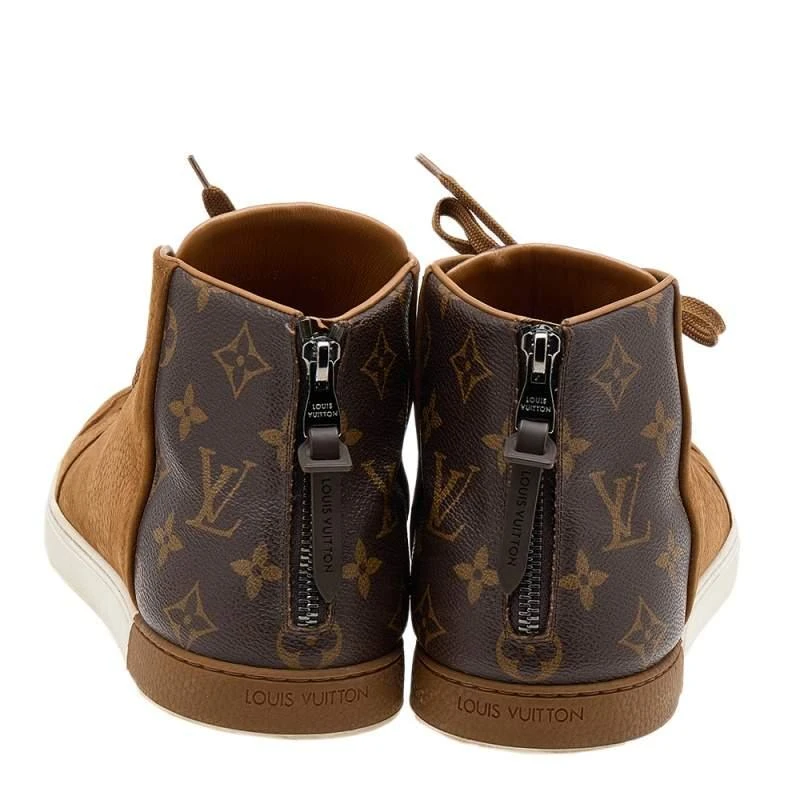 商品[二手商品] Louis Vuitton|Louis Vuitton Brown Leather And Monogram Canvas High Top Sneakers Size 41.5,价格¥1908,第5张图片详细描述