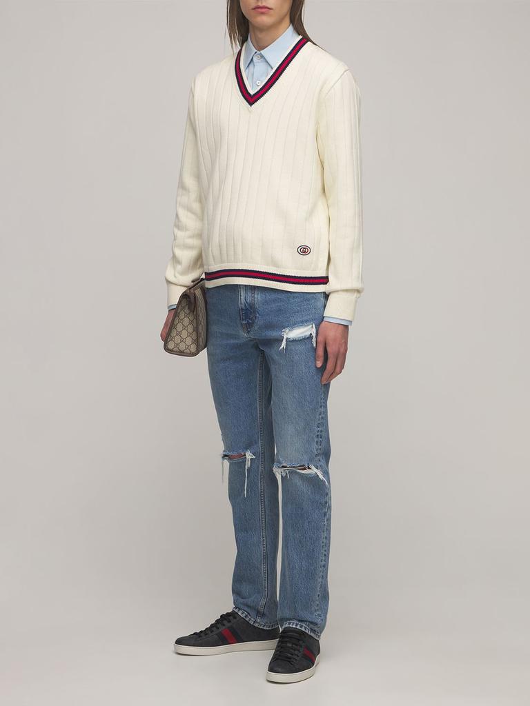 Cotton Knit V-neck Sweater W/ Web商品第1张图片规格展示