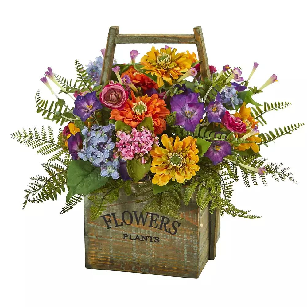 商品NEARLY NATURAL|Mixed Floral Artificial Arrangement in Wood Basket,价格¥1206,第1张图片