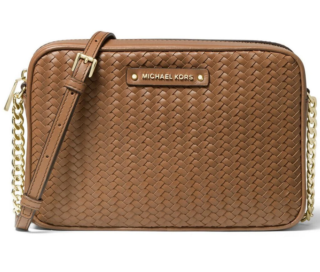 商品Michael Kors|Michael Kors Jet Set Travel Large EW Woven Black Brown Leather Crossbody Bag,价格¥1727,第1张图片