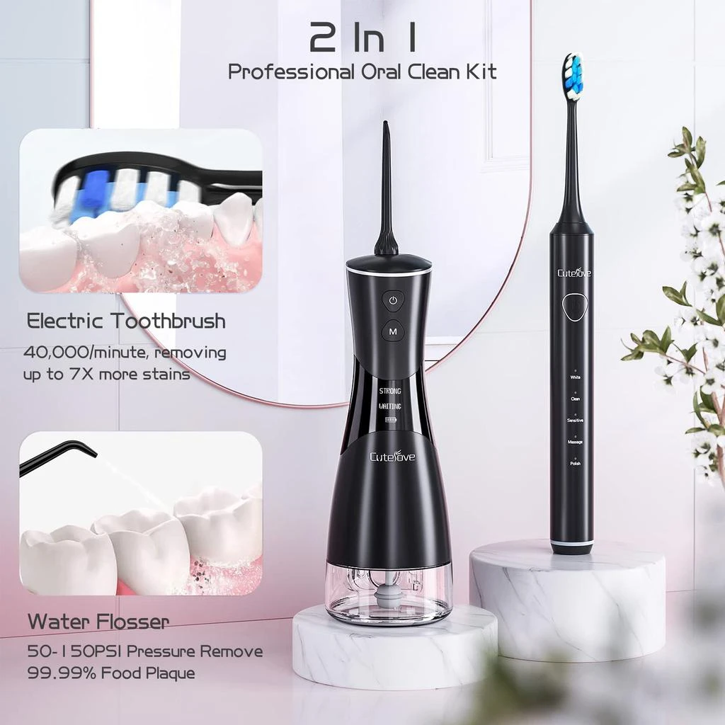 商品Cutelove|Water Flosser with 350ML & OLED Display & 5 Jet Tips & IPX7 Waterproof & 5 Modes, Cordless Water Flosser Picks for Teeth Cleaning, Electric Toothbrush with Water Flosser for Home Travel Use,价格¥251,第2张图片详细描述