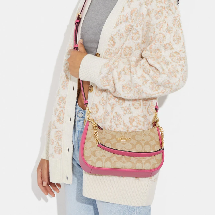 商品[国内直发] Coach|蔻驰 Teri 25 字母徽标经典老花拉链开合 帆布配皮 腋下包马鞍包单肩斜挎包 中号 女款 棕拼粉色,价格¥2361,第6张图片详细描述