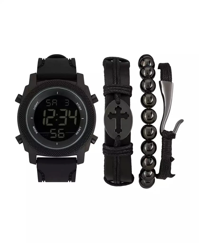 商品American Exchange|Men's Quartz Digital Dial Black Silicone Strap Watch and Assorted Black Stackable Bracelets Gift Set, Set of 4,价格¥152,第1张图片