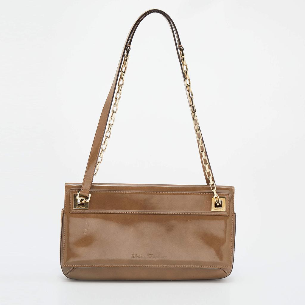 商品[二手商品] Salvatore Ferragamo|Salvatore Ferragamo Dark Beige Patent Leather Link Chain Shoulder Bag,价格¥1720,第1张图片