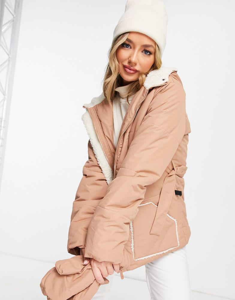 Missguided Ski borg lined puffer jacket with mittens in camel商品第3张图片规格展示