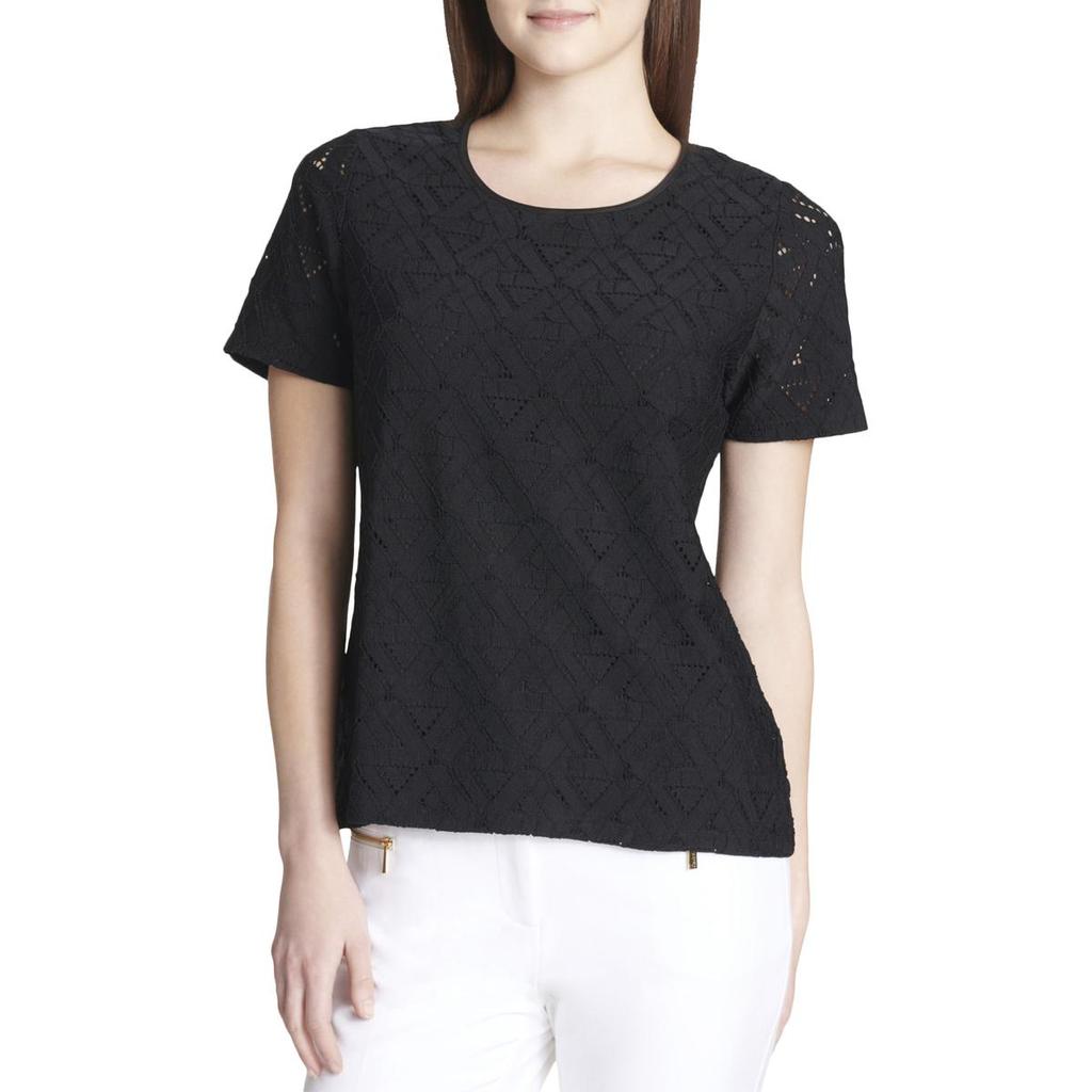 Calvin Klein Womens Lace Short Sleeves Pullover Top商品第1张图片规格展示