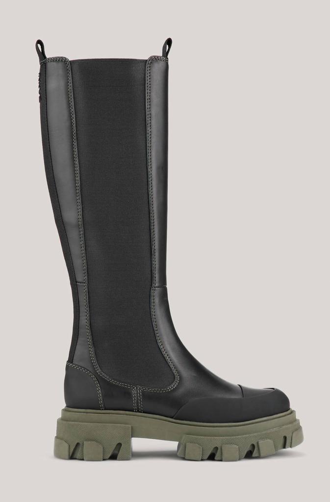 商品Ganni|Leather Knee-High Chelsea Boots In Black/Green,价格¥2531,第1张图片