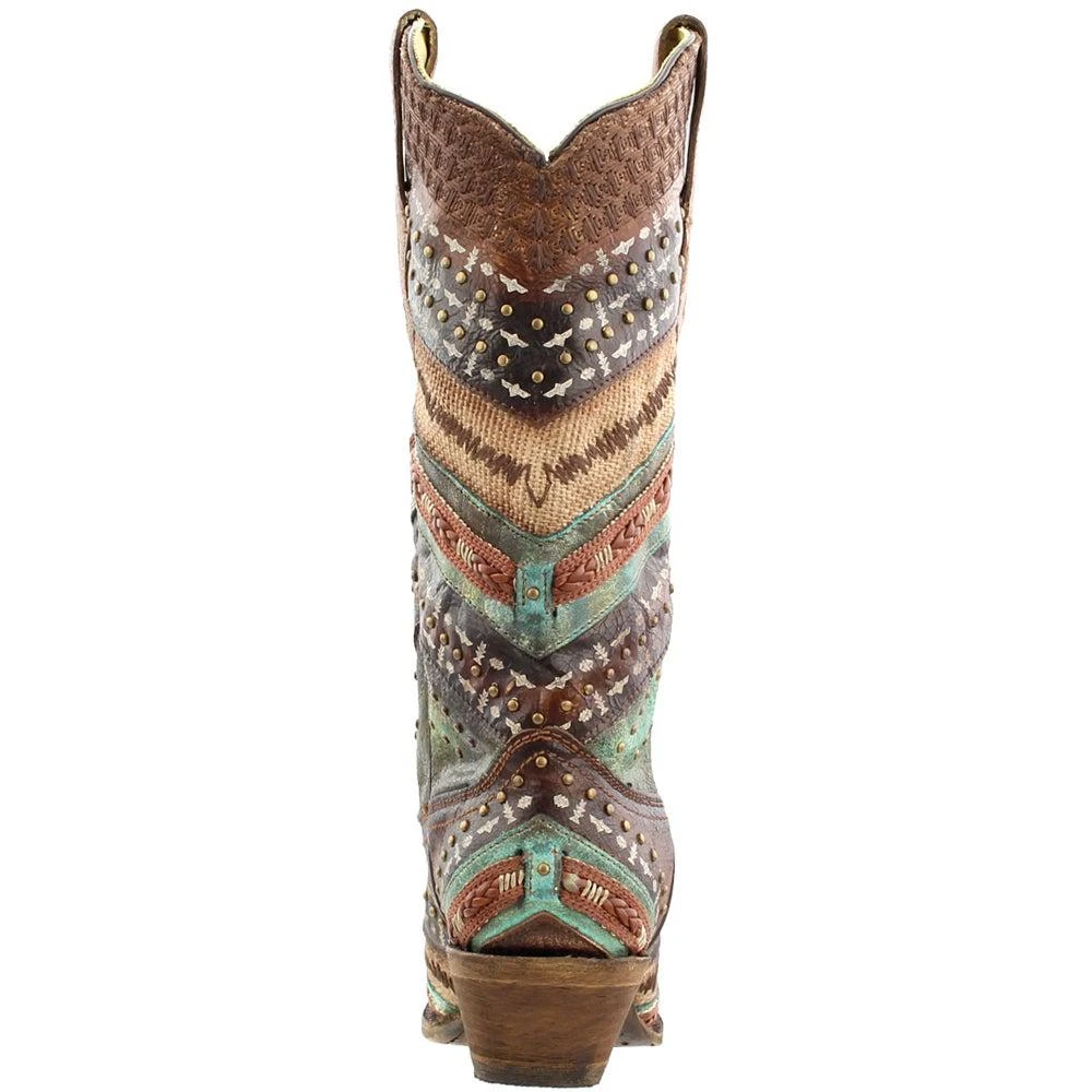 商品Corral Boots|Southwest Tooled-Inlay & Studs Snip Toe Cowboy Boots,价格¥1582,第3张图片详细描述