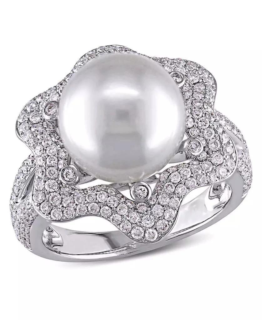 商品Macy's|South Sea Cultured Pearl (10-10.5mm) and Diamond (1 ct. t.w.) Floral Halo Cocktail Ring in 14k White Gold,价格¥42151,第1张图片