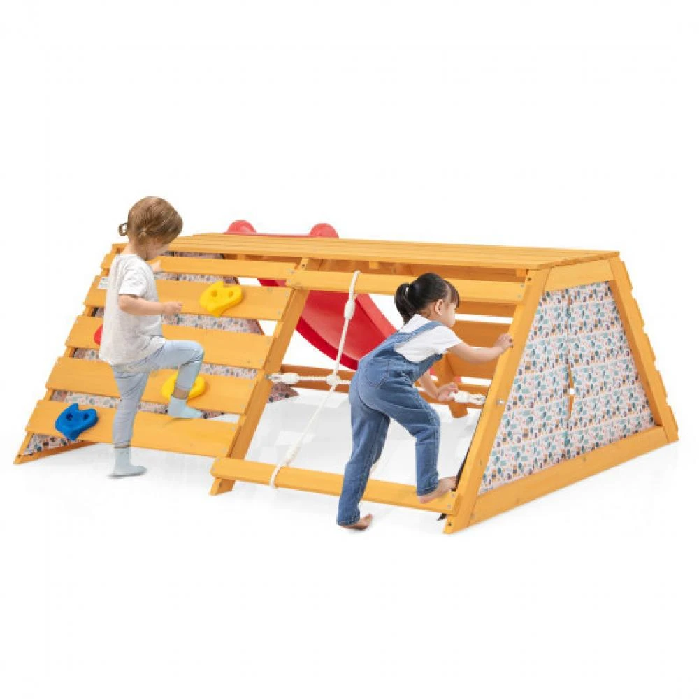 商品Hivvago|5-in-1 Jungle Gym Wooden Indoor Playground with Slide Rock Climbing Wall Rope Wall Climber,价格¥1815,第4张图片详细描述