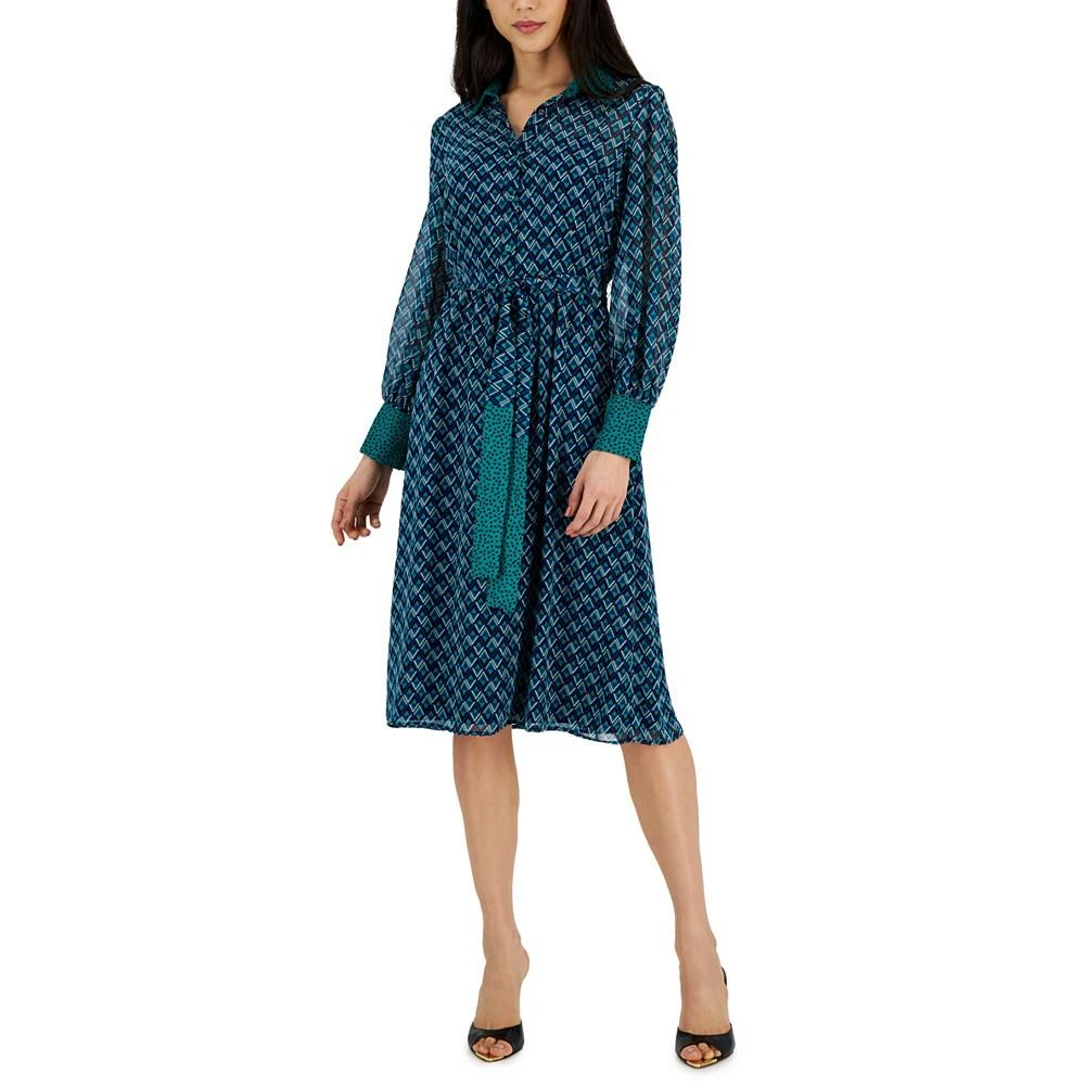 商品Tahari|Women's Mixed-Print Tie-Waist Shirt Dress,价格¥749,第1张图片