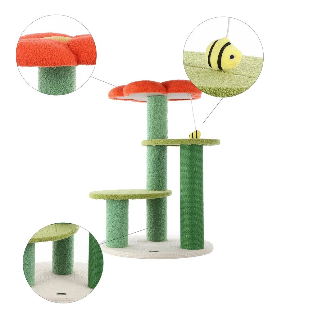 商品THE LICKER STORE|Poppy 29" 3-Tier Modern Jute Flower Cat Tree with Dangling Toy, Orange/Green,价格¥1248,第4张图片详细描述
