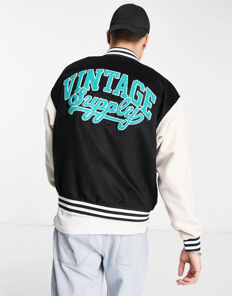 商品Vintage Supply|Vintage Supply varsity baseball jacket in black and cream with logo embroidery,价格¥428,第2张图片详细描述