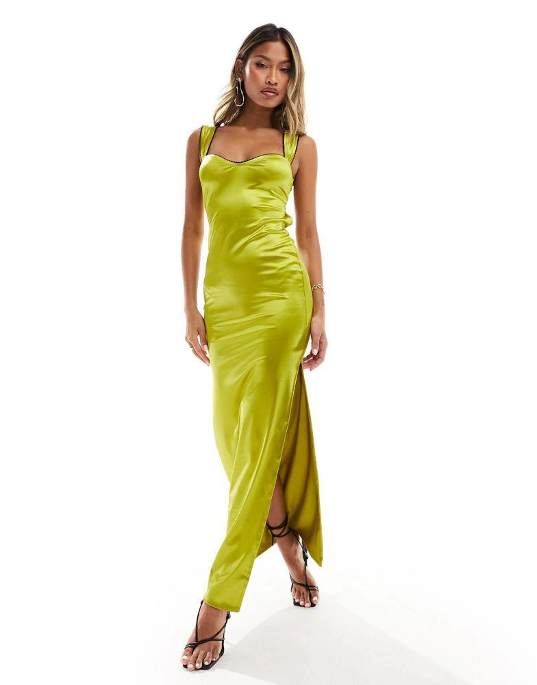 商品ASOS|ASOS DESIGN strappy sweet heart neckline midi dress with contrast trim in olive green,价格¥313,第2张图片详细描述