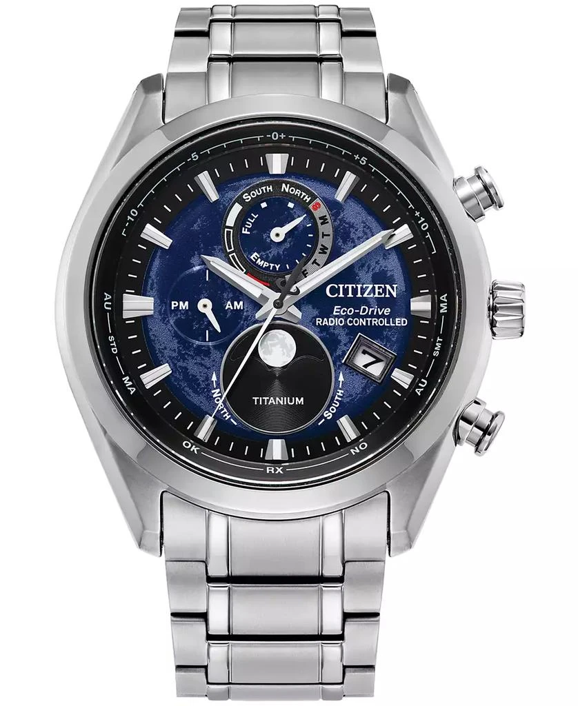 商品Citizen|Men's Tsuki-yomi A-T Chronograph Sport Luxury Eco-Drive Silver-Tone Titanium Bracelet Watch 43mm,价格¥4863,第1张图片