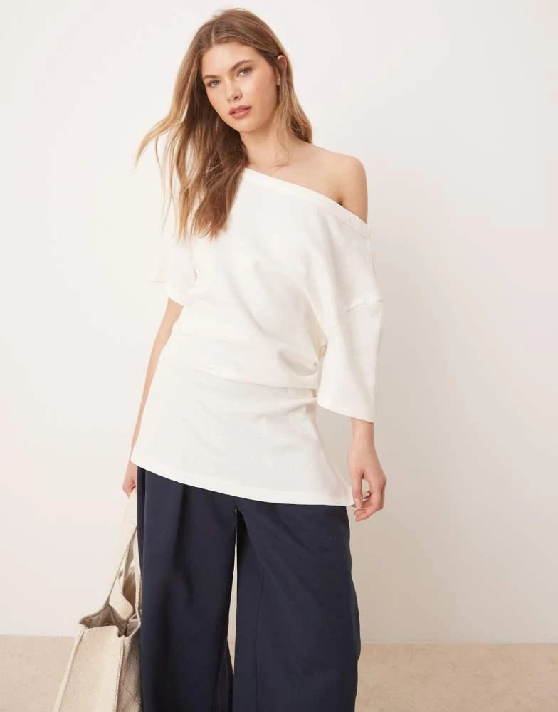 商品ASOS|ASOS DESIGN off shoulder cinched waist waffle t-shirt in washed cream,价格¥252,第2张图片详细描述