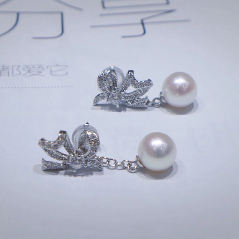 925银天然淡水珍珠akoya光泽蝴蝶结耳钉(一款二戴)商品第1张图片规格展示