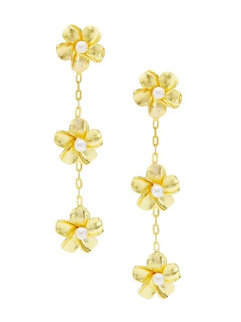 22K-Gold-Plated & 2.5MM Cultured Pearl Flower Drop Earrings商品第1张图片规格展示