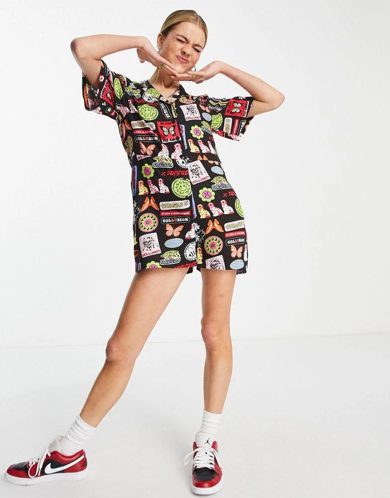 商品COLLUSION|COLLUSION sticker print revere playsuit in black,价格¥193,第2张图片详细描述