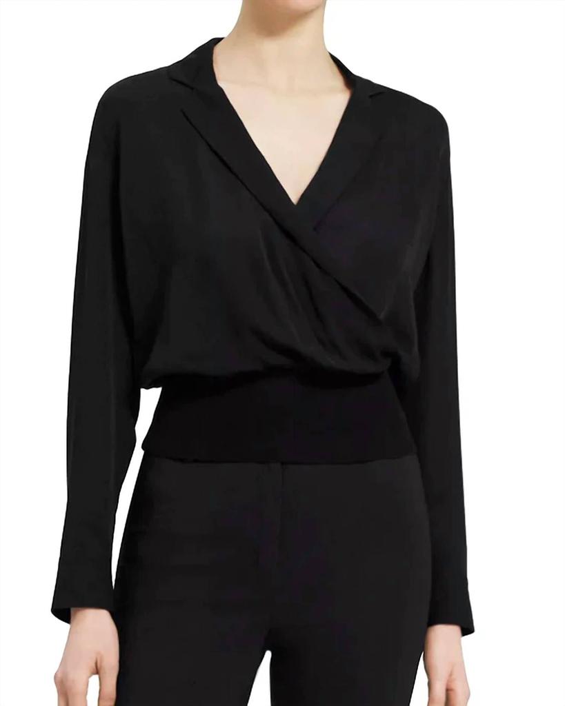 Long Sleeve Collared Silk Top in Black商品第1张图片规格展示