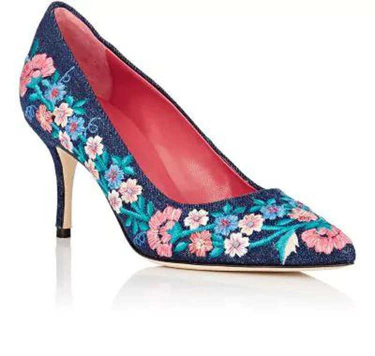 商品Manolo Blahnik|BBFiore Embroidered Denim Pumps,价格¥3117,第2张图片详细描述