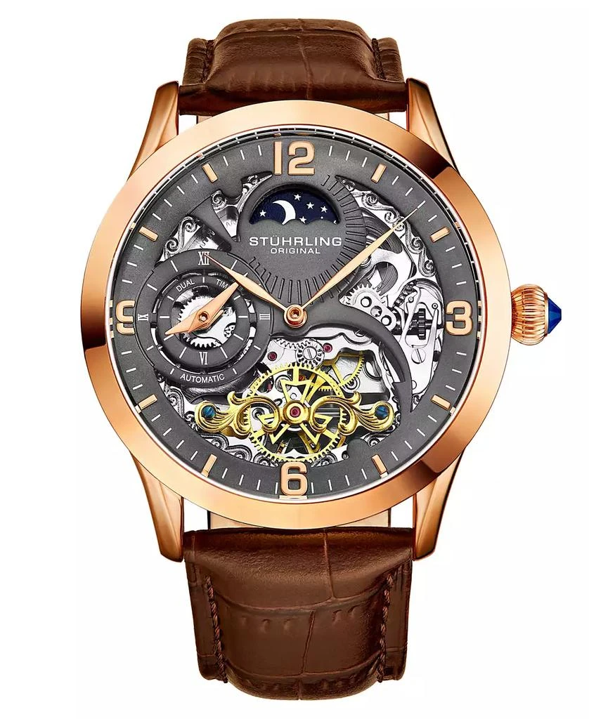 商品Stuhrling|Men's Brown Leather Strap Watch 45mm,价格¥1986,第1张图片