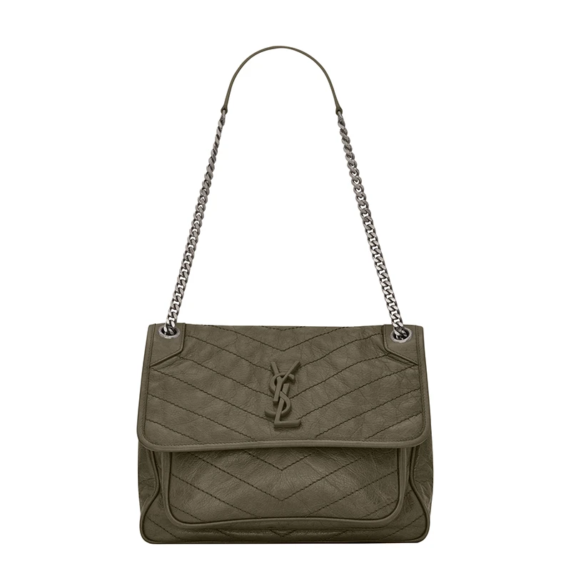 商品Yves Saint Laurent|SAINT LAURENT PARIS/圣罗兰 YSL 22春夏新款NIKI系列 女士中号灰卡其色绗缝复古褶皱牛皮革单肩手提包,价格¥20866,第1张图片
