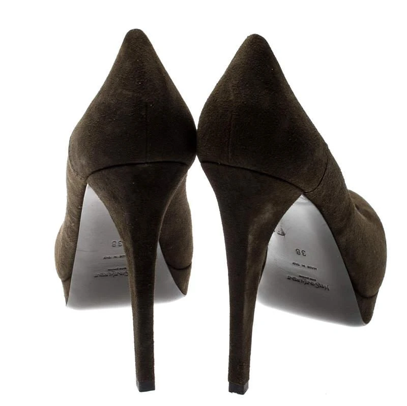 商品[二手商品] Yves Saint Laurent|Saint Laurent Paris Olive Green Suede Platform Pumps 38,价�格¥2198,第5张图片详细描述