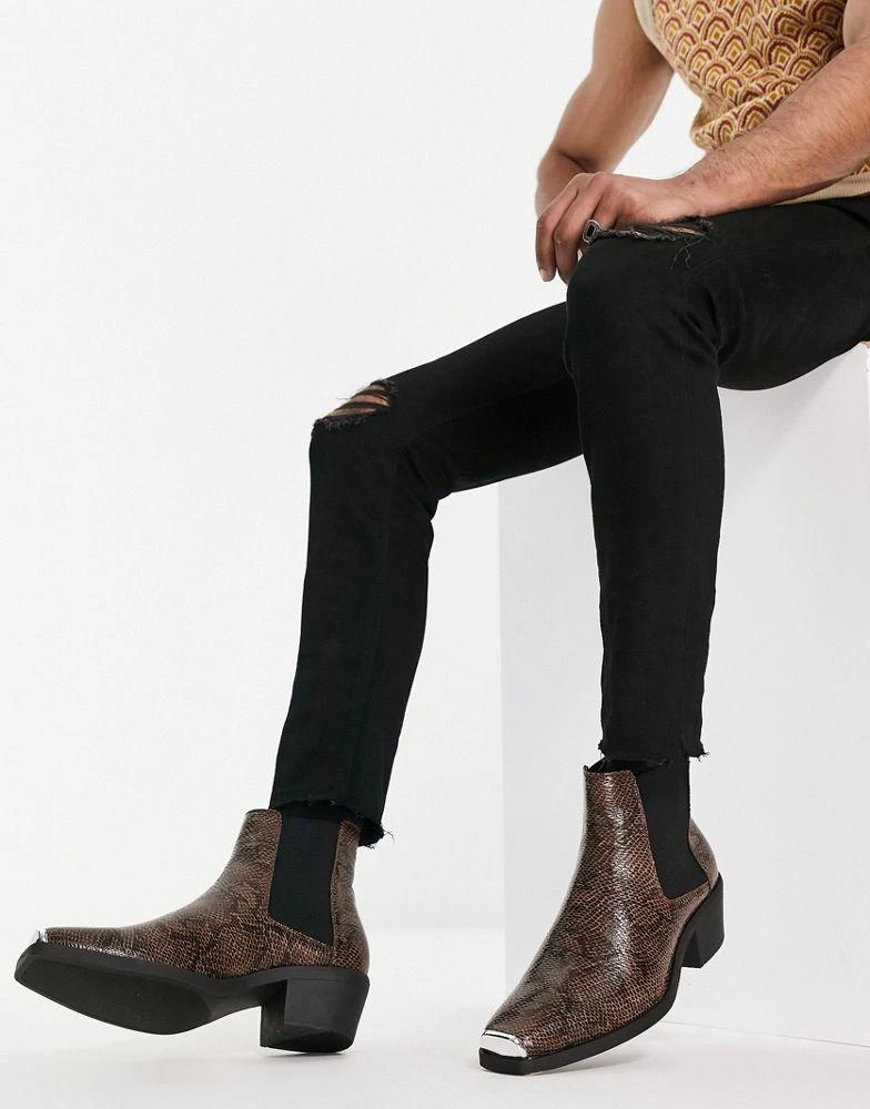 商品ASOS|ASOS DESIGN cuban boot in faux snake print with toecap in brown,价格¥227,第3张图片详细描述