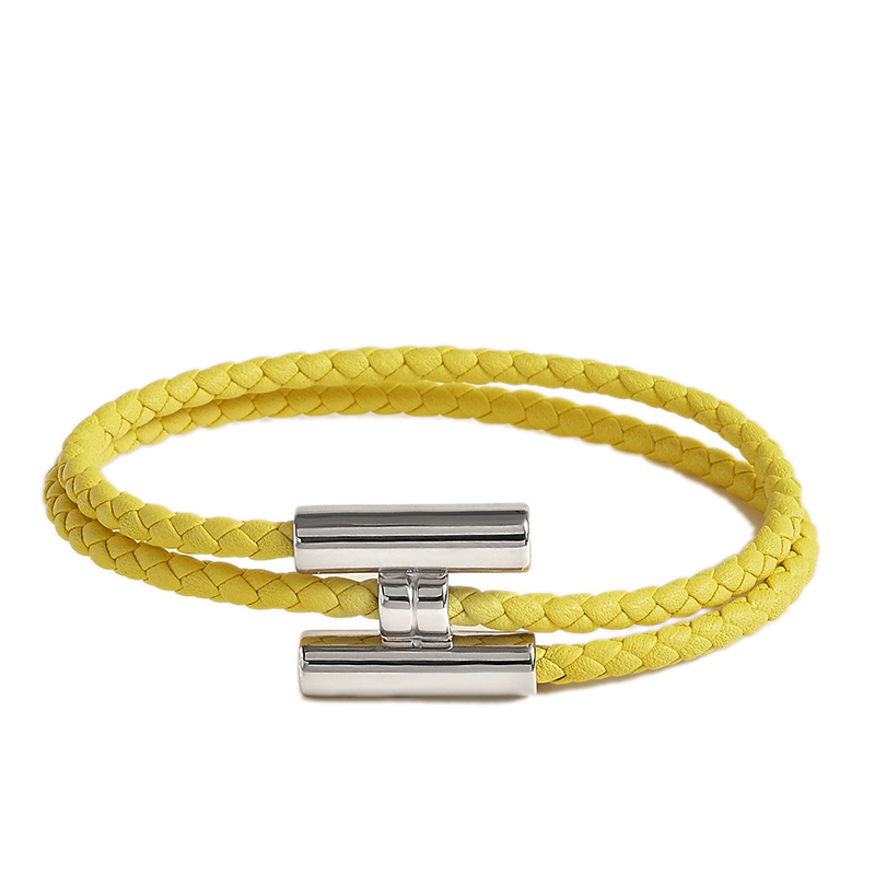 商品Hermes|HERMES/爱马仕 经典款Tournis系列 青柠色小牛皮编织饰H银扣手链H068406FP9R,价格¥3308,第1张图片