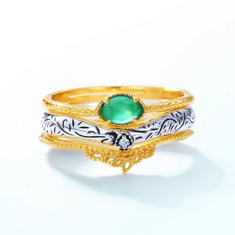 日韩轻奢风简约三件套925银戒指时尚个性绿玛瑙花纹戒指 商品