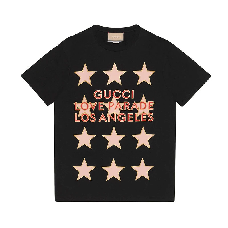 商品Gucci|【预售3-7天】GUCCI/古驰 22年春夏新款 爱的进行曲系列 女士黑色纯棉星星印花短袖T恤615044XJEQI1082,价格¥3499,第1张图片
