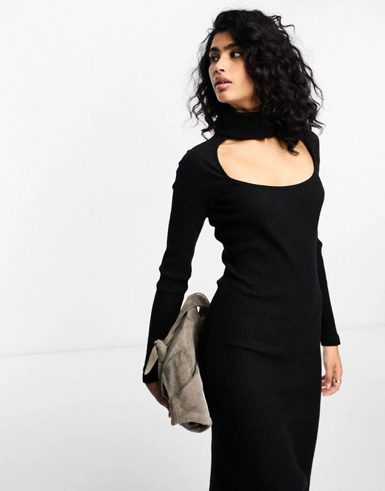 商品ASOS|ASOS DESIGN supersoft rib long sleeve fitted midi dress with choker detail in black,价格¥120,第4张图片详细描述