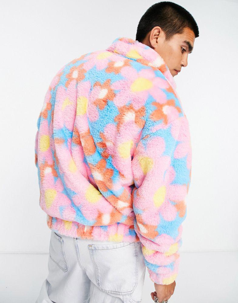 ASOS DESIGN oversized half zip faux fur sweatshirt in all over flower print商品第2张图片规格展示