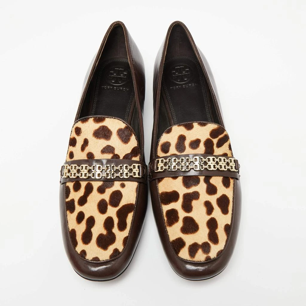 商品Tory Burch|Tory Burch Dark Brown Leather Leopard Print Calf hair Gemini Link Slip On Loafers Size 41,价格¥1425,第3张图片详细描述