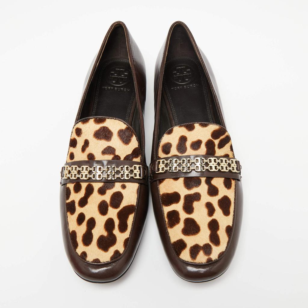 商品Tory Burch|Tory Burch Dark Brown Leather Leopard Print Calf hair Gemini Link Slip On Loafers Size 41,价格¥1353,第5张图片详细描述